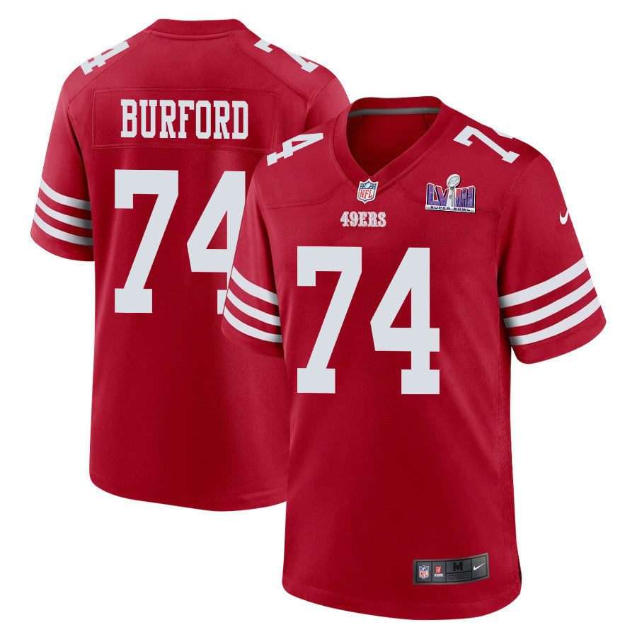 Spencer Burford 74 San Francisco 49ers Super Bowl LVIII Patch Game Jersey – Scarlet JS8899