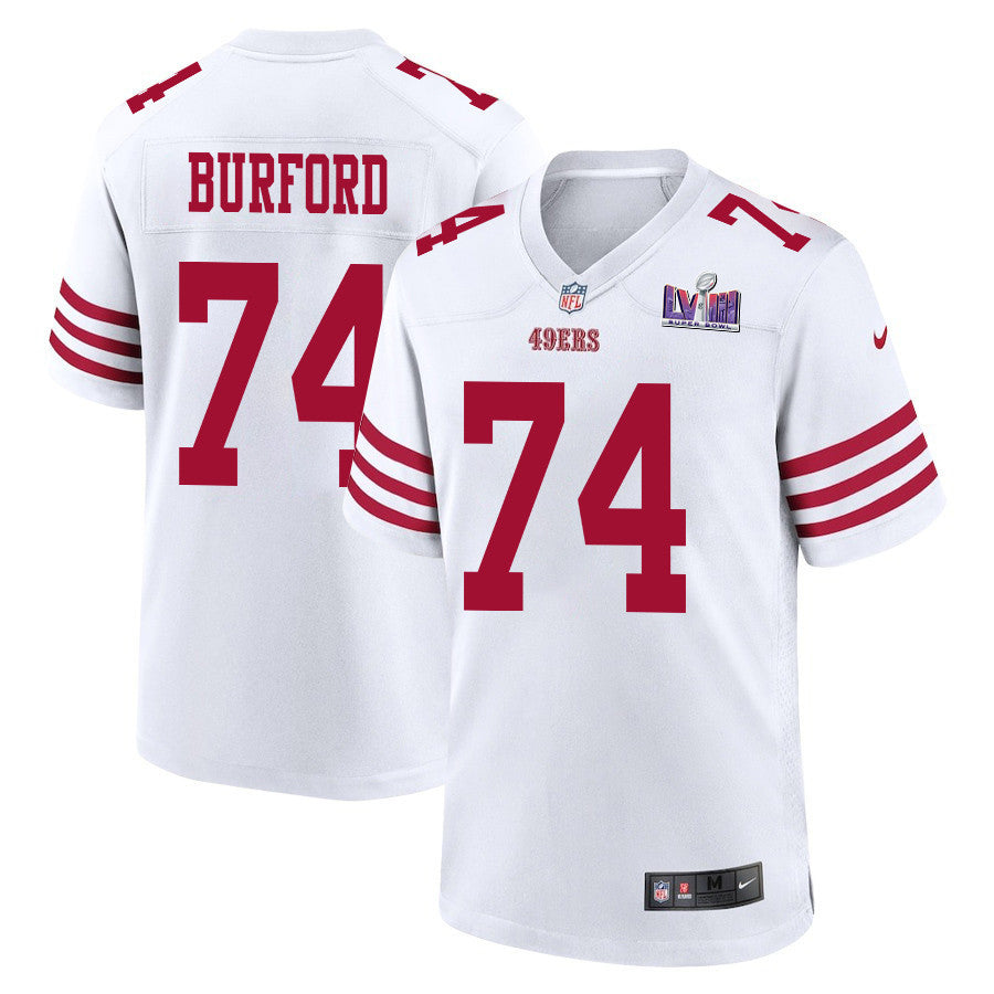 Spencer Burford 74 San Francisco 49ers Super Bowl LVIII Patch Game Jersey – White JS1643