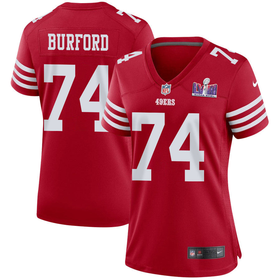 Spencer Burford 74 San Francisco 49ers Super Bowl LVIII Patch Game Jersey – Scarlet JS6214