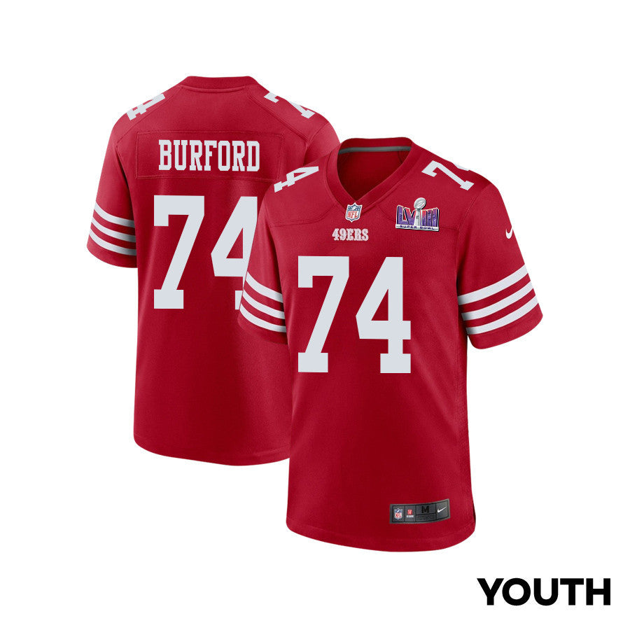 Spencer Burford 74 San Francisco 49ers Super Bowl LVIII Patch Game Jersey – Scarlet JS8218