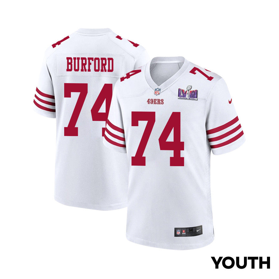 Spencer Burford 74 San Francisco 49ers Super Bowl LVIII Patch Game Jersey – White JS3535