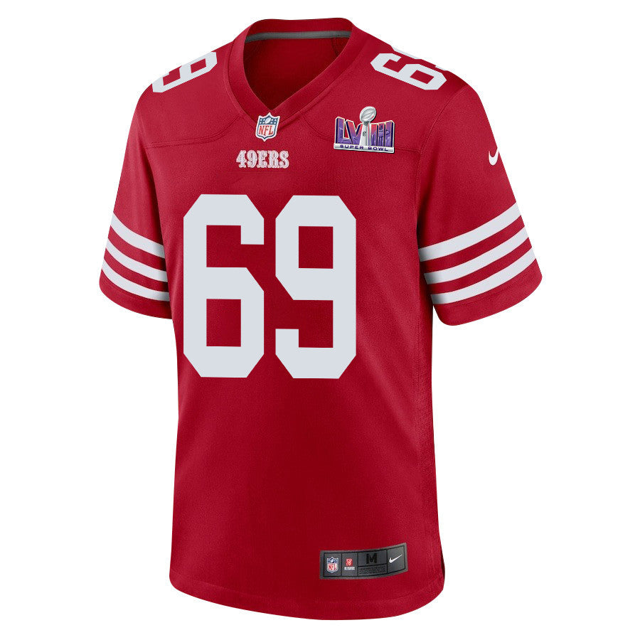 Spencer Waege 69 San Francisco 49ers Super Bowl LVIII Patch Game Jersey – Scarlet JS3983