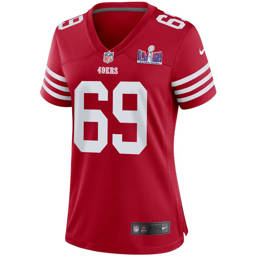 Spencer Waege 69 San Francisco 49ers Super Bowl LVIII Patch Game Jersey – Scarlet JS3725