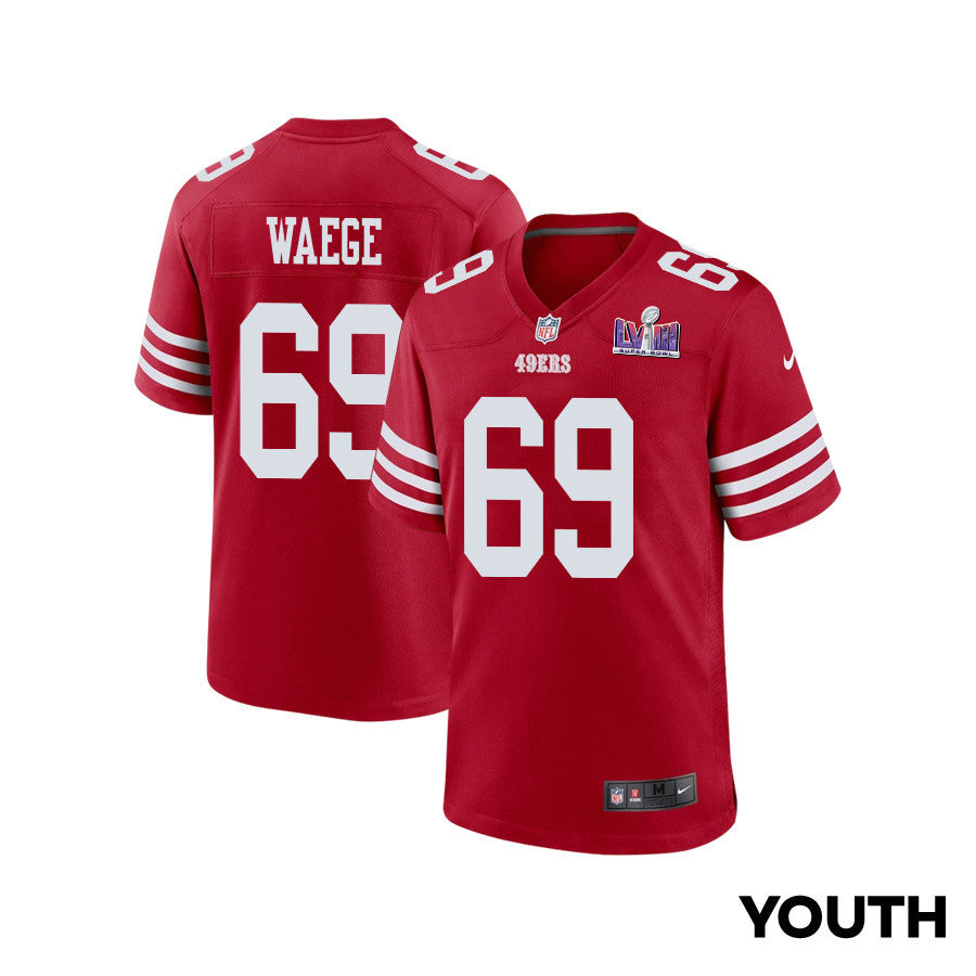 Spencer Waege 69 San Francisco 49ers Super Bowl LVIII Patch Game Jersey – Scarlet JS4086