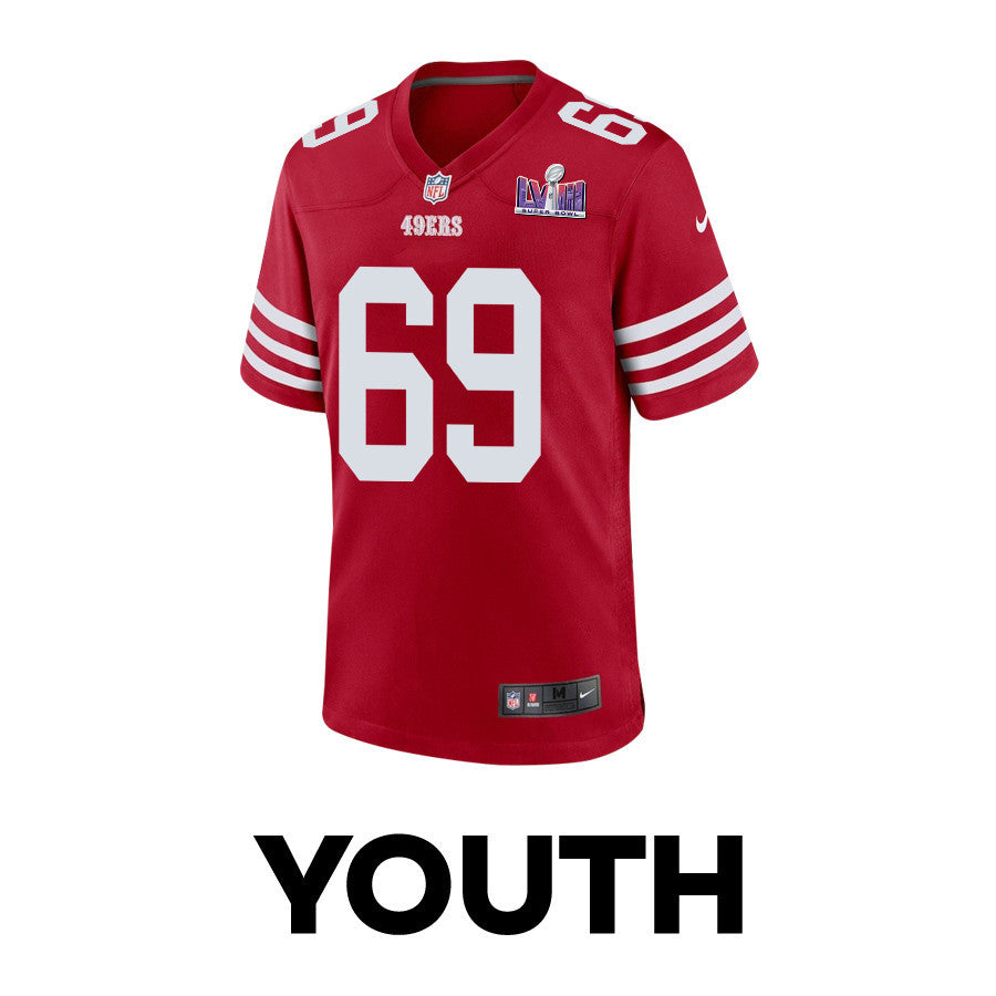 Spencer Waege 69 San Francisco 49ers Super Bowl LVIII Patch Game Jersey – Scarlet JS4086