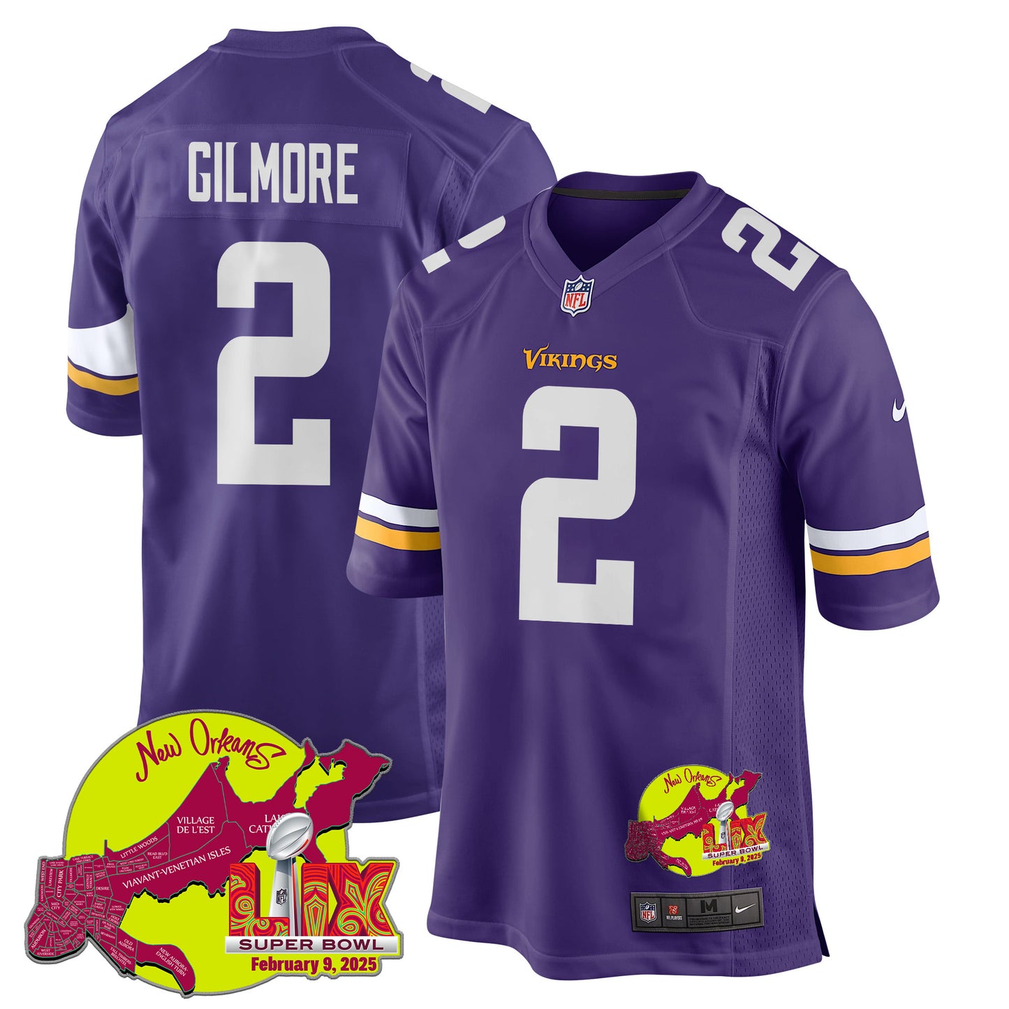 Stephon Gilmore 2 Minnesota Vikings Super Bowl LIX New Orleans Patch Game Jersey – Purple JS9401