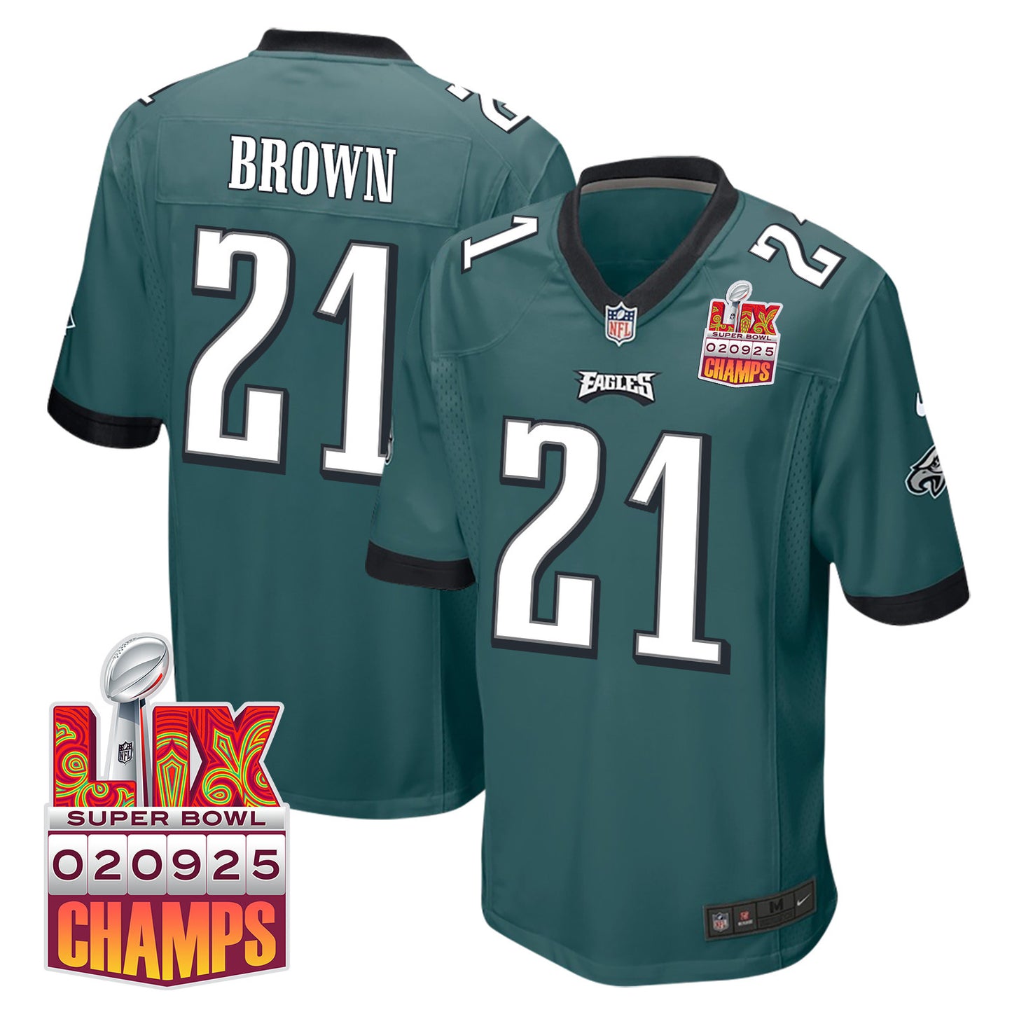 Sydney Brown 21 Philadelphia Eagles Super Bowl LIX Champions Patch Game Jersey – Midnight Green JS1491