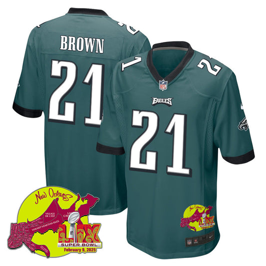 Sydney Brown 21 Philadelphia Eagles Super Bowl LIX New Orleans Patch Game Jersey – Midnight Green JS2237