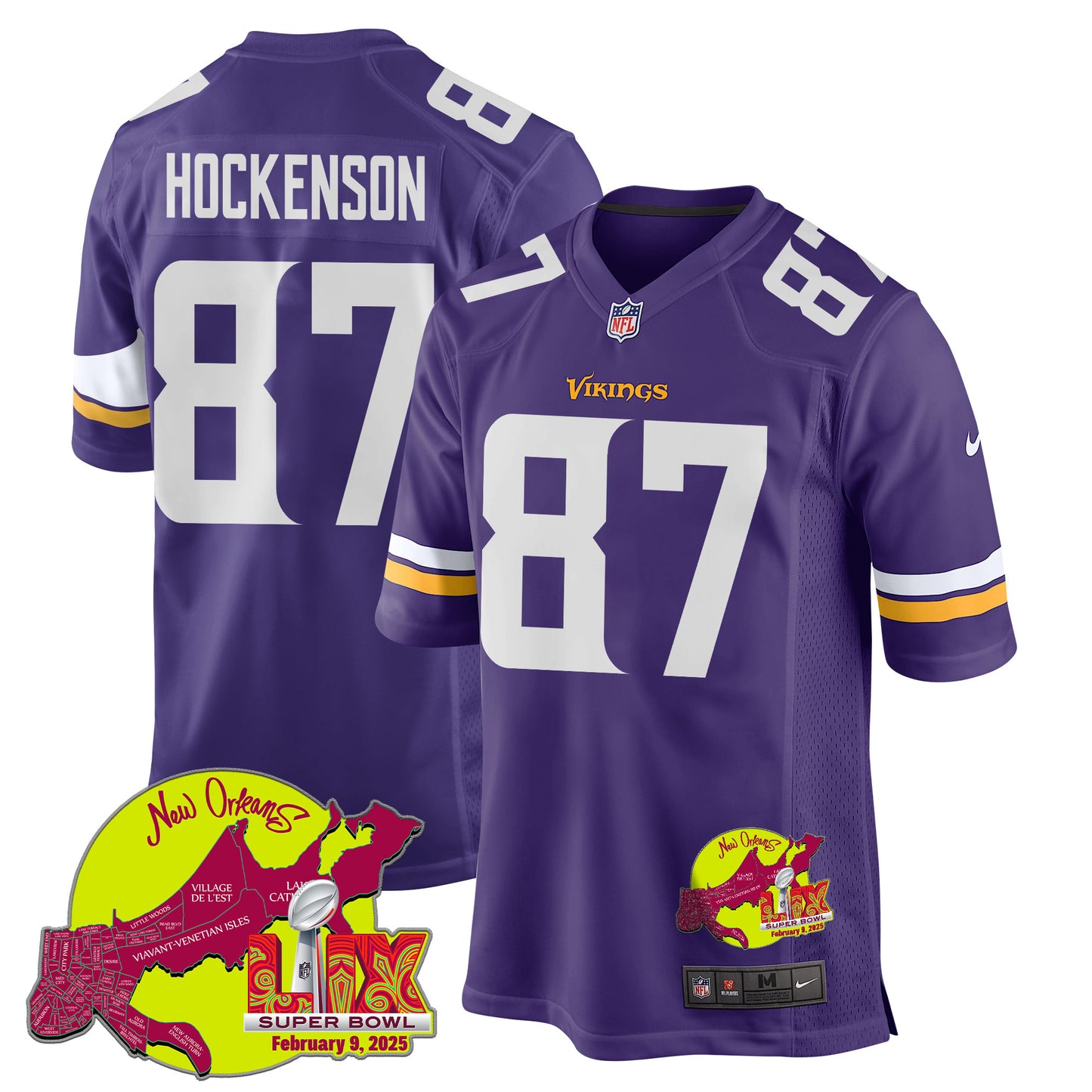 T.J. Hockenson 87 Minnesota Vikings Super Bowl LIX New Orleans Patch Game Jersey – Purple JS7814