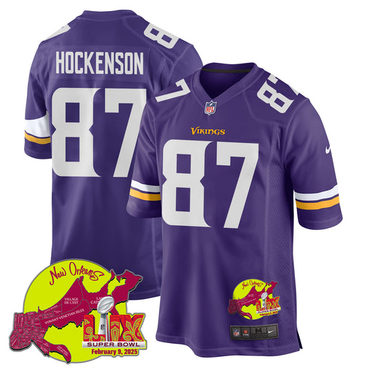 T.J. Hockenson 87 Minnesota Vikings Super Bowl LIX New Orleans Patch Game Jersey – Purple JS7814