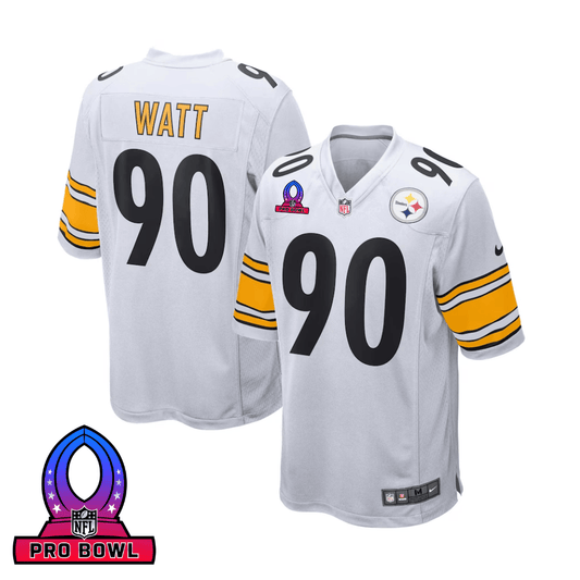 T.J. Watt 90 Pittsburgh Steelers 2025 Pro Bowl Patch Game Jersey – White JS8088