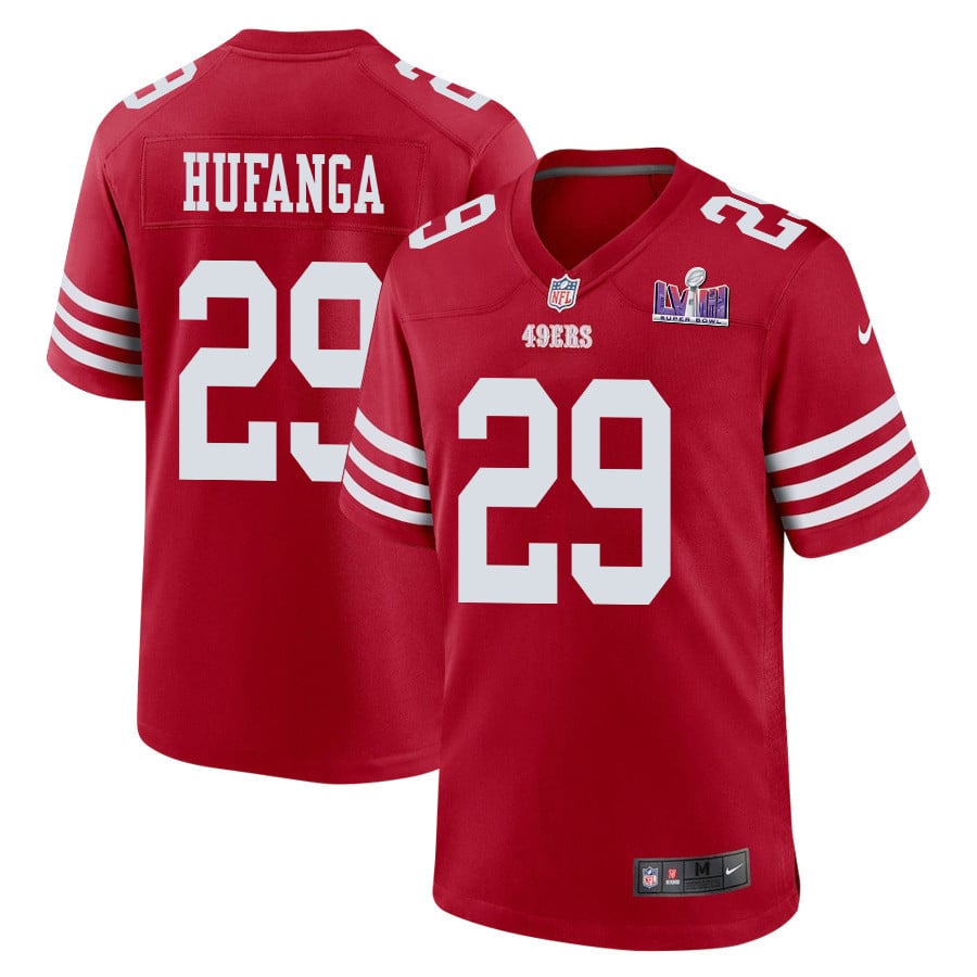 Talanoa Hufanga 29 San Francisco 49ers Super Bowl LVIII Patch Game Jersey – Scarlet JS4501