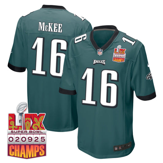 Tanner McKee 16 Philadelphia Eagles Super Bowl LIX Champions Patch Game Jersey – Midnight Green JS3706