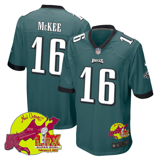 Tanner McKee 16 Philadelphia Eagles Super Bowl LIX New Orleans Patch Game Jersey – Midnight Green JS7935