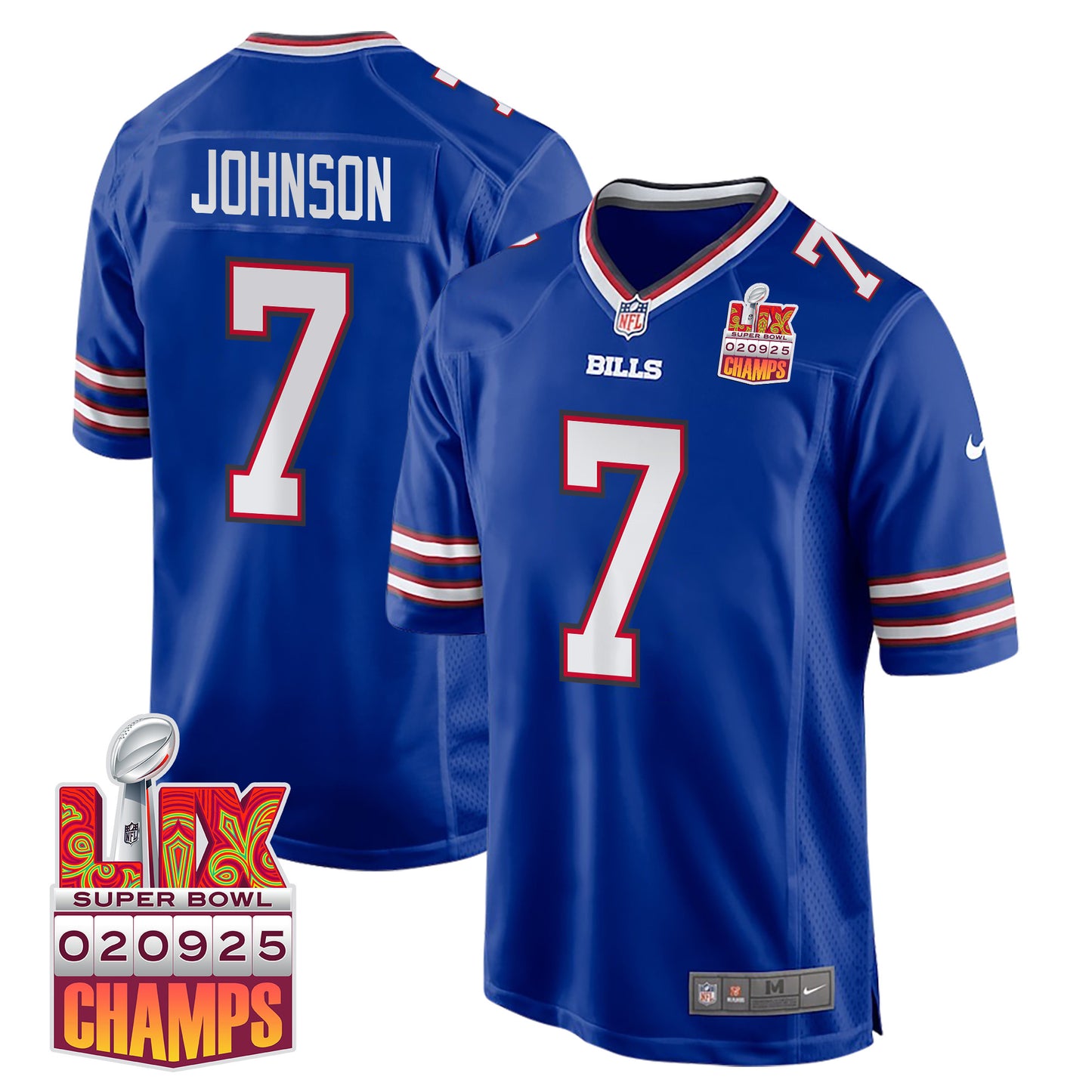 Taron Johnson 7 Buffalo Bills Super Bowl LIX Champions Patch Game Jersey – Royal JS7932