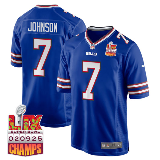 Taron Johnson 7 Buffalo Bills Super Bowl LIX Champions Patch Game Jersey – Royal JS7932