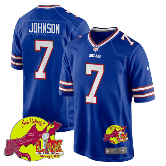 Taron Johnson 7 Buffalo Bills Super Bowl LIX New Orleans Patch Game Jersey – Royal JS5441