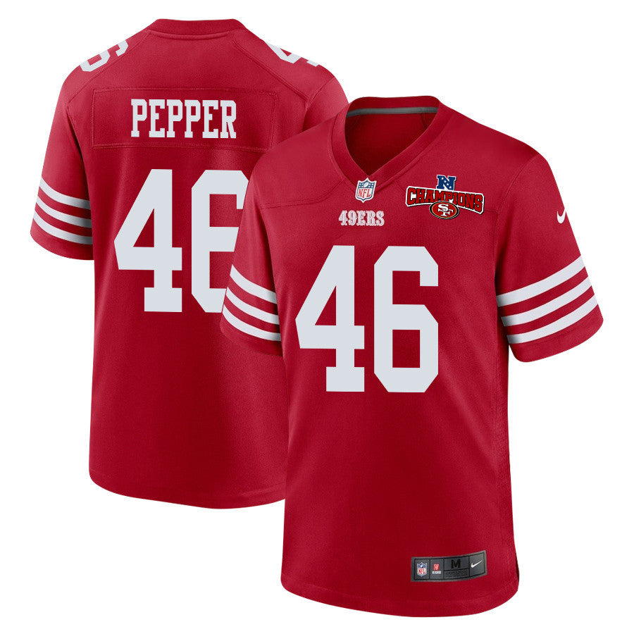 Taybor Pepper 46 San Francisco 49ers NFC Champions Patch Game Jersey – Scarlet JS4263