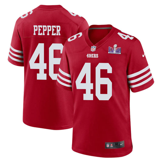 Taybor Pepper 46 San Francisco 49ers Super Bowl LVIII Patch Game Jersey – Scarlet JS4910