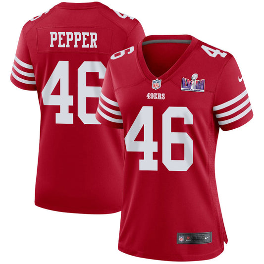 Taybor Pepper 46 San Francisco 49ers Super Bowl LVIII Patch Game Jersey – Scarlet JS5586