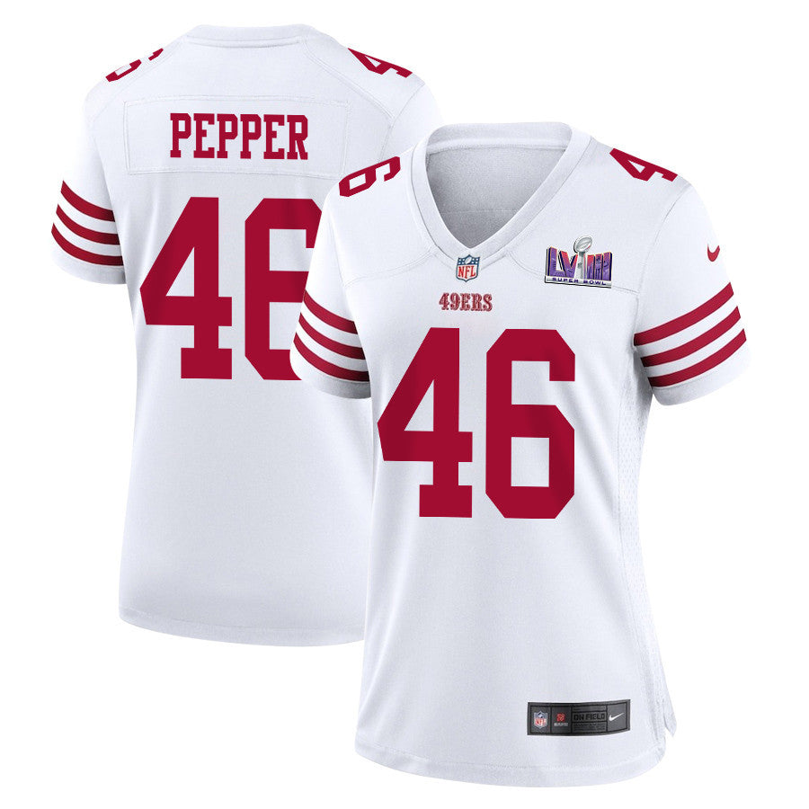 Taybor Pepper 46 San Francisco 49ers Super Bowl LVIII Patch Game Jersey – White JS1230