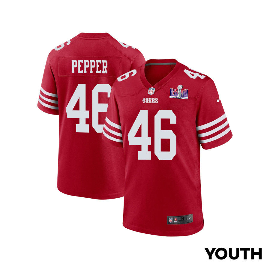 Taybor Pepper 46 San Francisco 49ers Super Bowl LVIII Patch Game Jersey – Scarlet JS1194