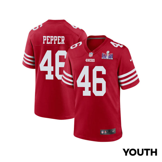 Taybor Pepper 46 San Francisco 49ers Super Bowl LVIII Patch Game Jersey – Scarlet JS1194