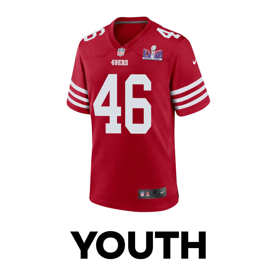 Taybor Pepper 46 San Francisco 49ers Super Bowl LVIII Patch Game Jersey – Scarlet JS1194