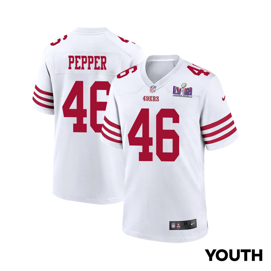 Taybor Pepper 46 San Francisco 49ers Super Bowl LVIII Patch Game Jersey – White JS4405