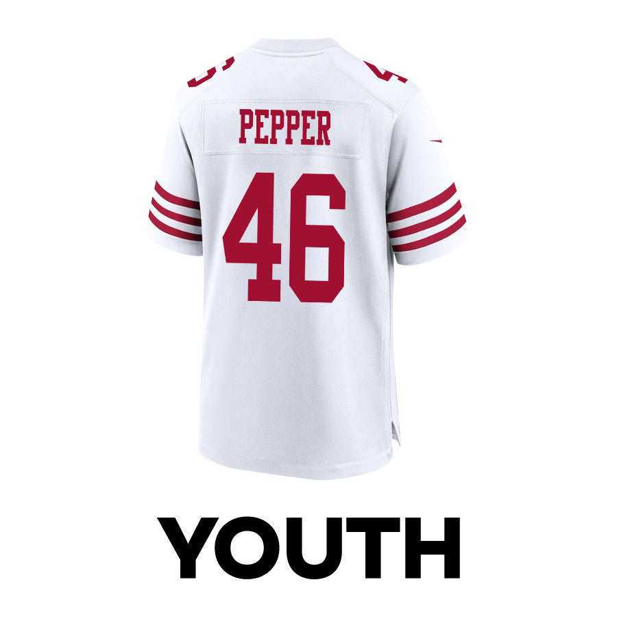 Taybor Pepper 46 San Francisco 49ers Super Bowl LVIII Patch Game Jersey – White JS4405