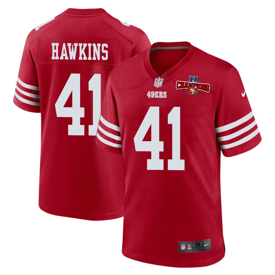 Tayler Hawkins 41 San Francisco 49ers NFC Champions Patch Game Jersey – Scarlet JS2027