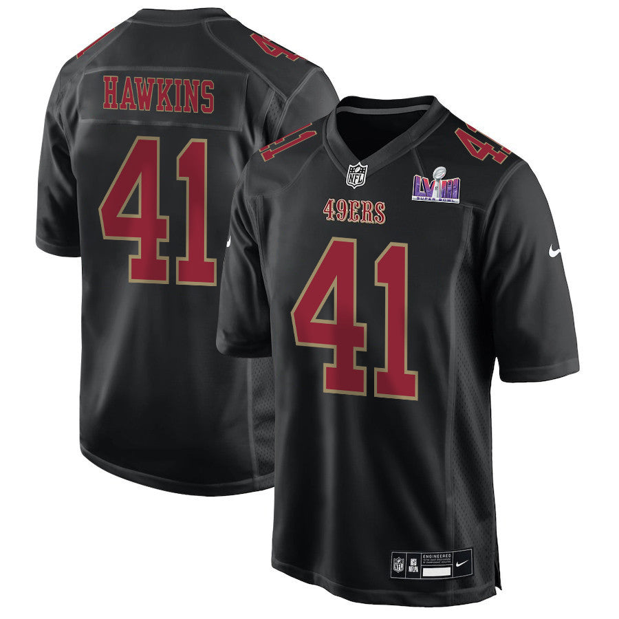 Tayler Hawkins 41 San Francisco 49ers Super Bowl LVIII Patch Fashion Game Jersey – Carbon Black JS9731