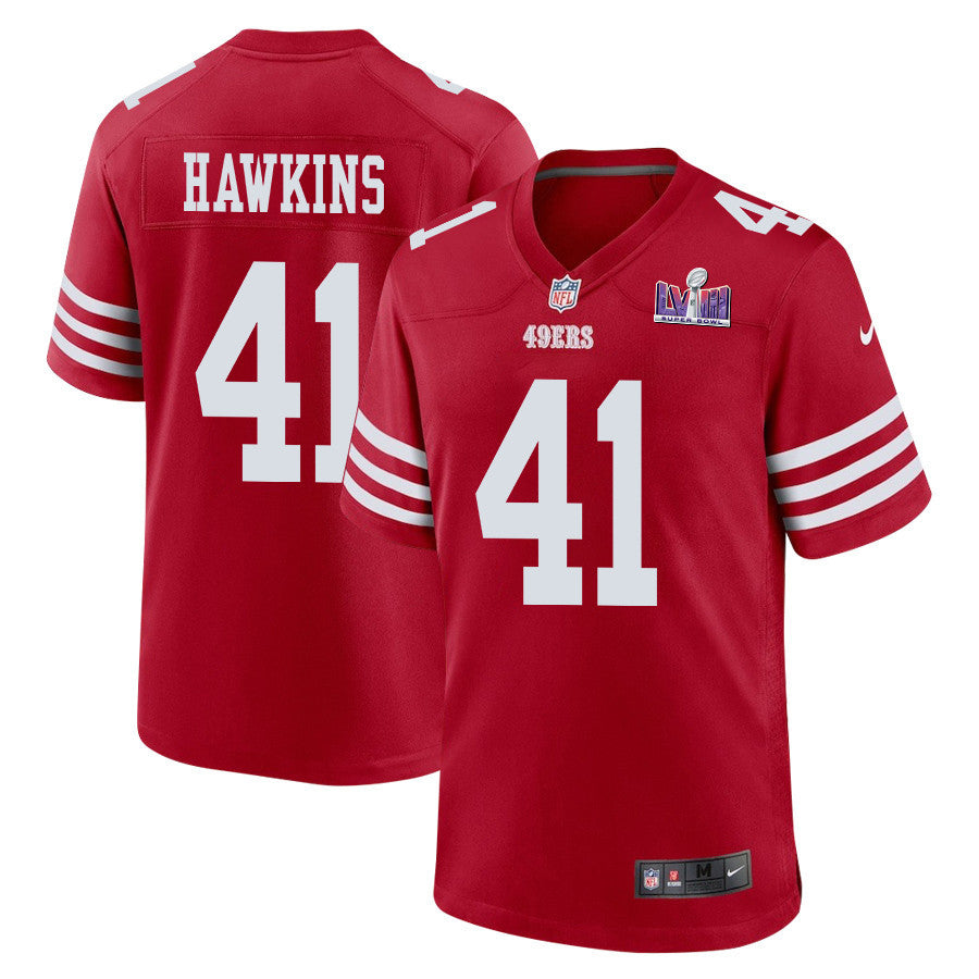 Tayler Hawkins 41 San Francisco 49ers Super Bowl LVIII Patch Game Jersey – Scarlet JS2307