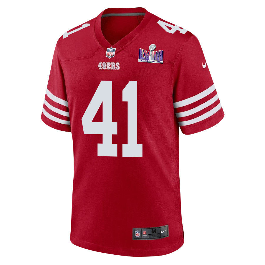 Tayler Hawkins 41 San Francisco 49ers Super Bowl LVIII Patch Game Jersey – Scarlet JS2307