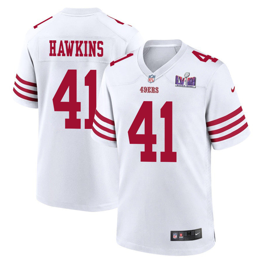 Tayler Hawkins 41 San Francisco 49ers Super Bowl LVIII Patch Game Jersey – White JS8875