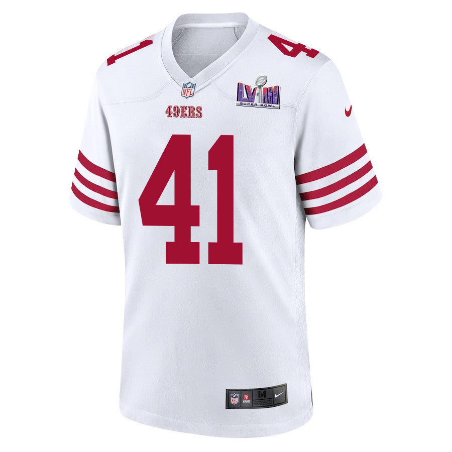 Tayler Hawkins 41 San Francisco 49ers Super Bowl LVIII Patch Game Jersey – White JS8875