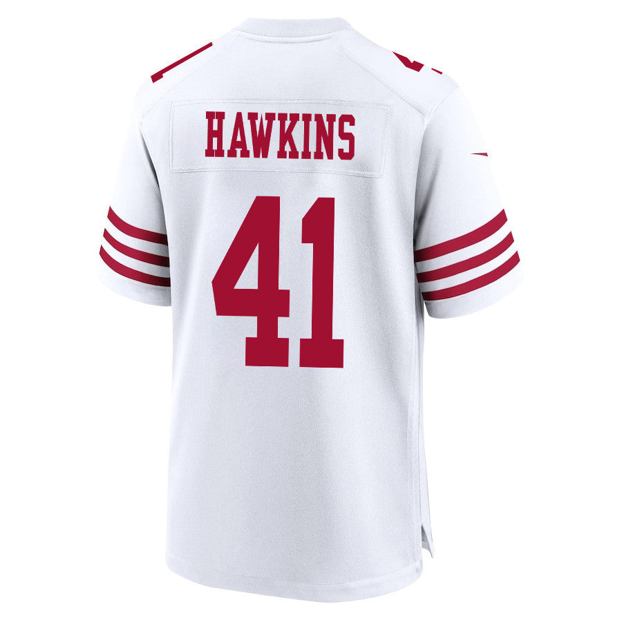 Tayler Hawkins 41 San Francisco 49ers Super Bowl LVIII Patch Game Jersey – White JS8875