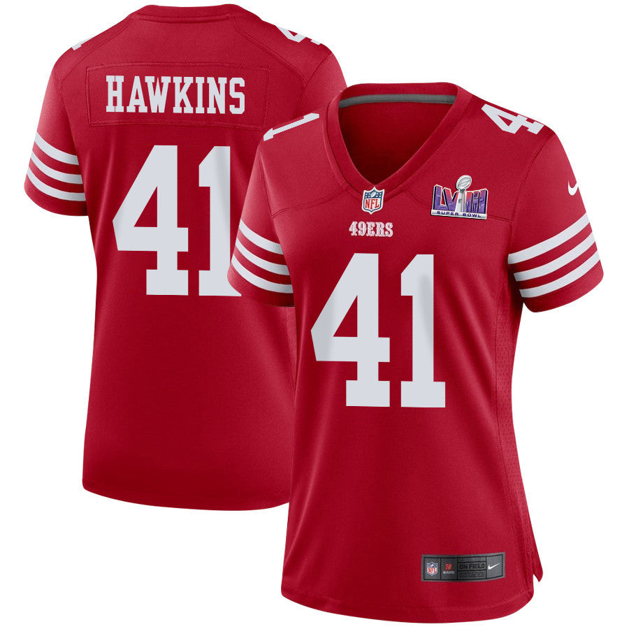 Tayler Hawkins 41 San Francisco 49ers Super Bowl LVIII Patch Game Jersey – Scarlet JS6906