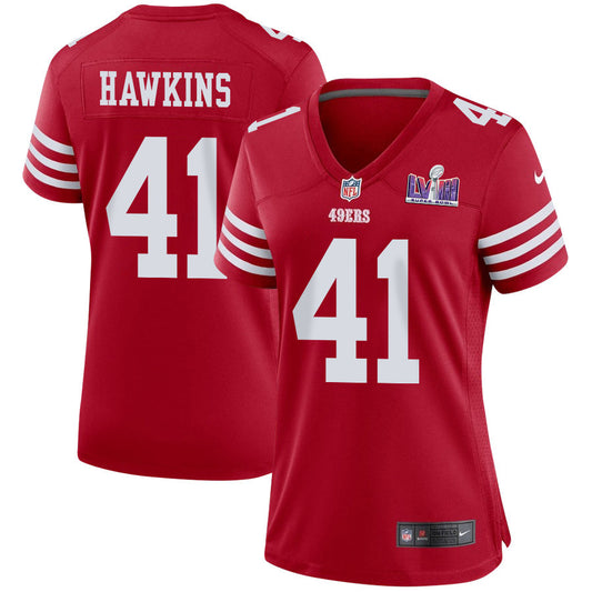 Tayler Hawkins 41 San Francisco 49ers Super Bowl LVIII Patch Game Jersey – Scarlet JS6906