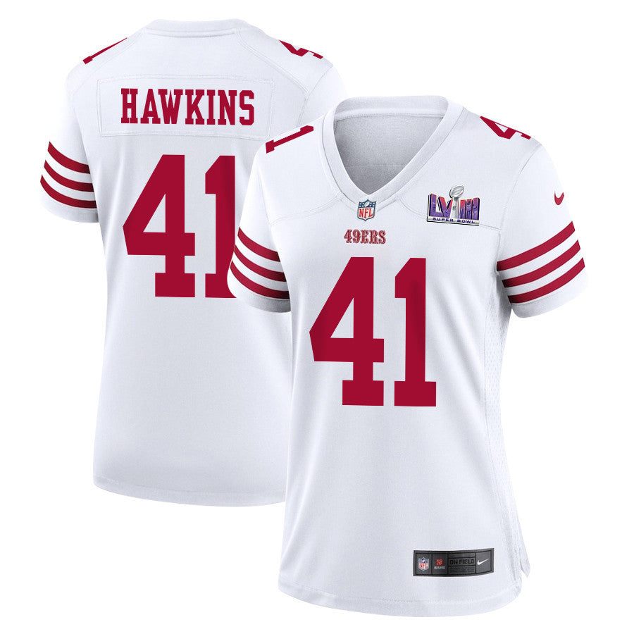 Tayler Hawkins 41 San Francisco 49ers Super Bowl LVIII Patch Game Jersey – White JS1817