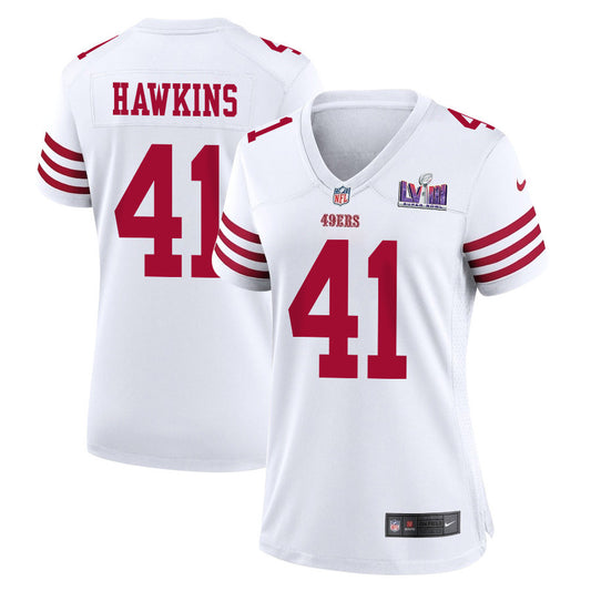 Tayler Hawkins 41 San Francisco 49ers Super Bowl LVIII Patch Game Jersey – White JS1817