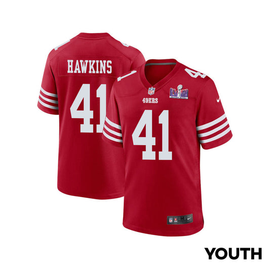 Tayler Hawkins 41 San Francisco 49ers Super Bowl LVIII Patch Game Jersey – Scarlet JS1475
