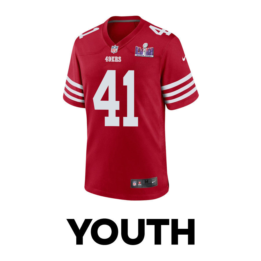 Tayler Hawkins 41 San Francisco 49ers Super Bowl LVIII Patch Game Jersey – Scarlet JS1475