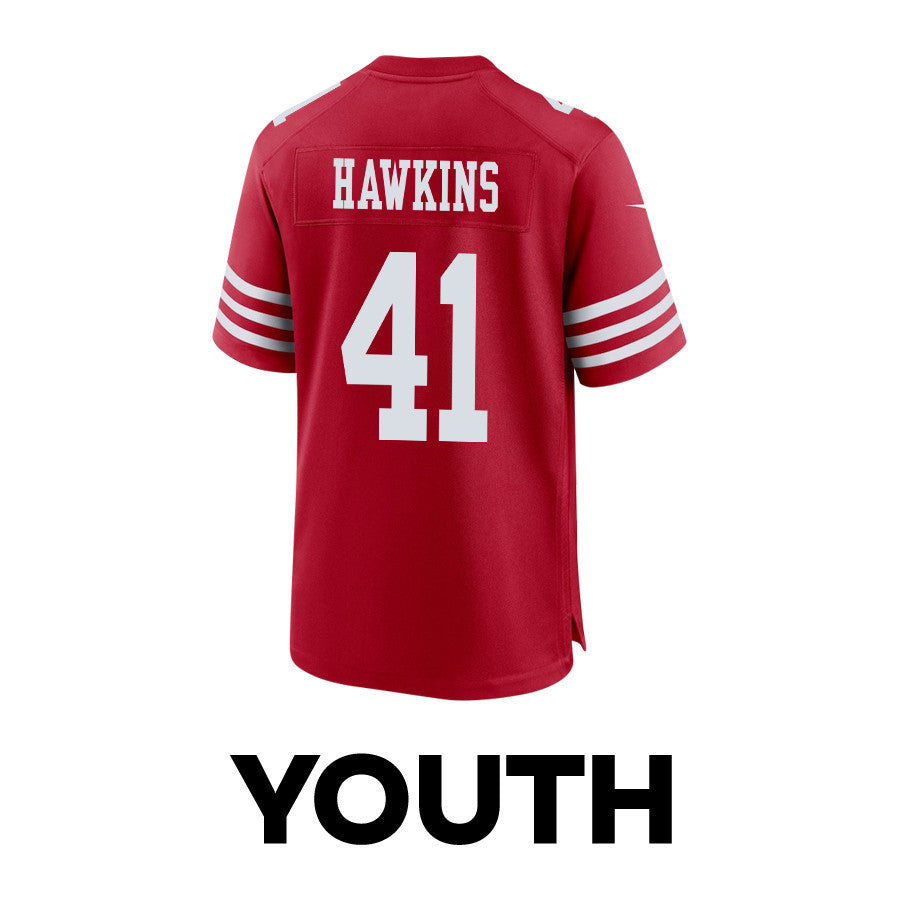Tayler Hawkins 41 San Francisco 49ers Super Bowl LVIII Patch Game Jersey – Scarlet JS1475