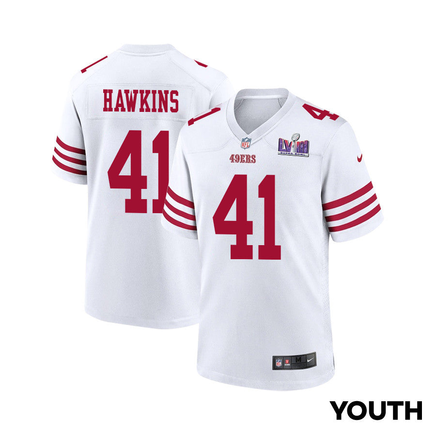 Tayler Hawkins 41 San Francisco 49ers Super Bowl LVIII Patch Game Jersey – White JS6711