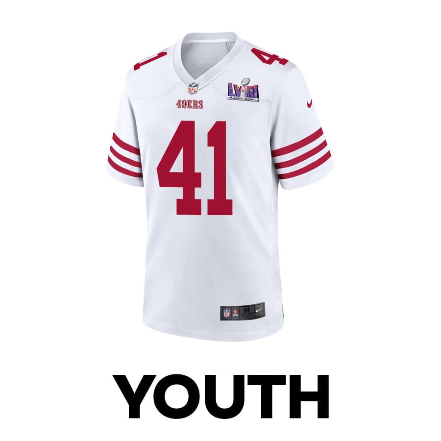 Tayler Hawkins 41 San Francisco 49ers Super Bowl LVIII Patch Game Jersey – White JS6711