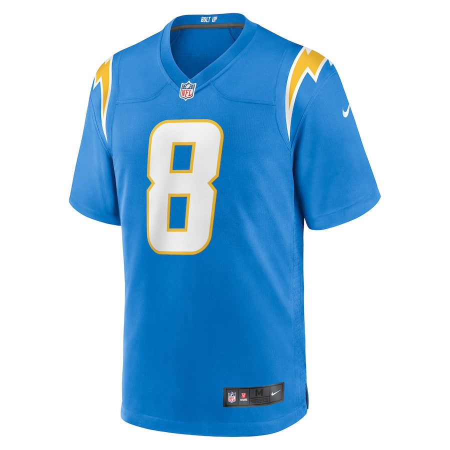 Taylor Heinicke 8 Los Angeles Chargers Team Game Jersey – Powder Blue JS8440