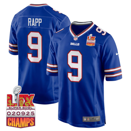Taylor Rapp 9 Buffalo Bills Super Bowl LIX Champions Patch Game Jersey – Royal JS8535
