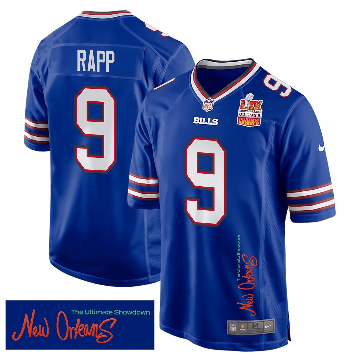 Taylor Rapp 9 Buffalo Bills Super Bowl LIX Champions Patch 'New Orleans – The Ultimate Showdown' EMBROIDERED Game Jersey – Royal JS7