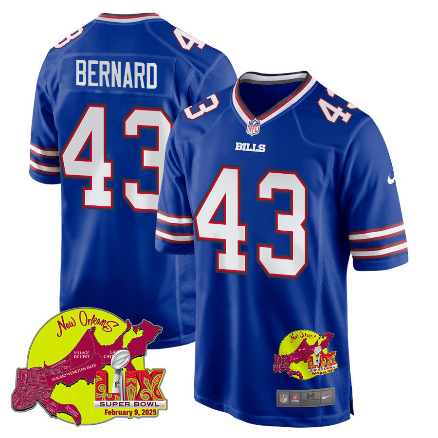 Terrel Bernard 43 Buffalo Bills Super Bowl LIX New Orleans Patch Game Jersey – Royal JS3890